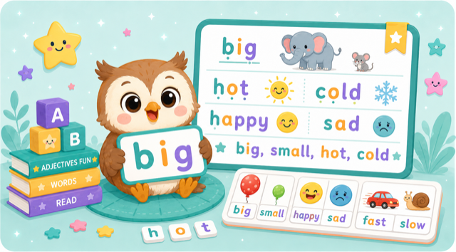 Friendly owl holding the word big beside adjective examples and matching picture cards.