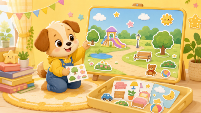 Friendly puppy pointing to a sticker scene board of a sunny park with loose stickers in a tray