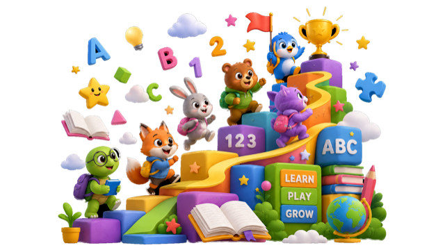 Daily practice learning path with cheerful animal learners climbing colourful steps toward a trophy