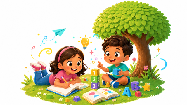 Children learning with books, blocks, letters, and numbers under a tree