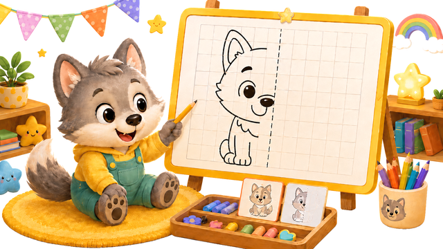 Friendly wolf holding a pencil beside a mirror drawing board with half a puppy on a grid