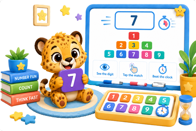 Number Sprint game screen with colourful pyramid number buttons and a target digit