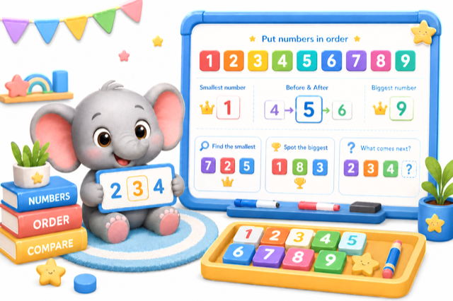 Friendly classroom scene with number tiles, an elephant helper, and a board showing ordering, smallest, biggest, before, after, and next-number practice