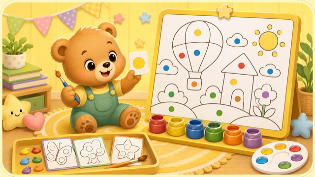 Cheerful brown bear holding a paintbrush next to an easel of outline pictures with coloured guide dots and a row of paint pots