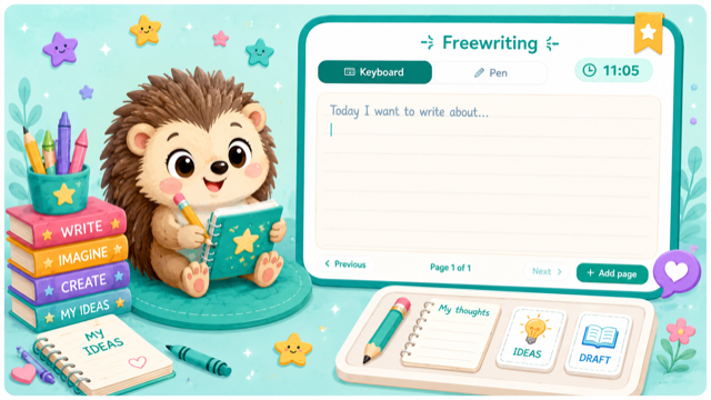 Freewriting timed writing page with keyboard and pen options