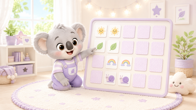 Memory Match board with paired sun, leaf, rainbow, and snail cards