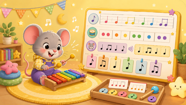 Smiling grey mouse playing a colourful xylophone beside a sunny board with cards of music notes, rhythm patterns, and a small tray of note cards