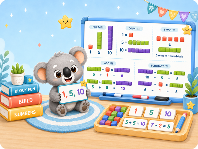 Number Blocks classroom board showing build, count, swap, add, and subtract examples