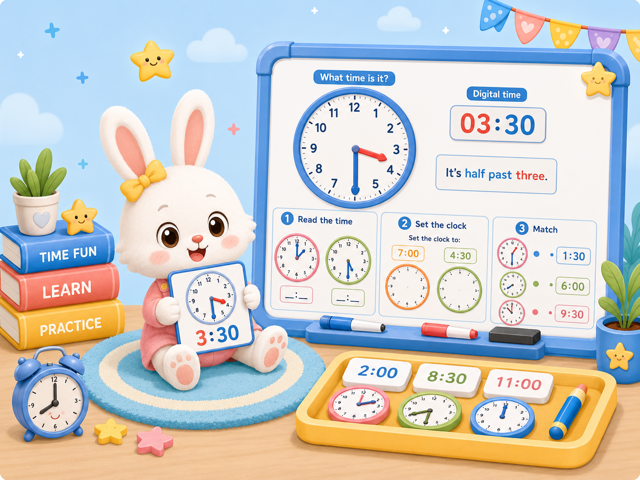 Playful classroom clock practice board showing analog and digital time