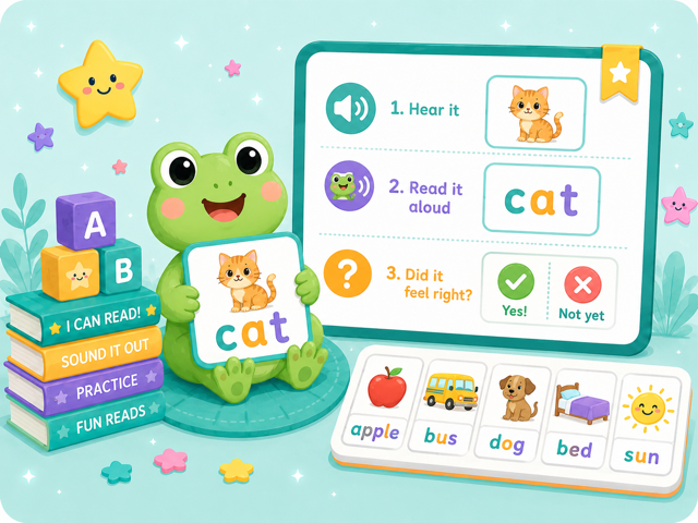 Friendly frog holding a CAT word card next to a reading-practice screen showing three steps — Hear it, Read it aloud, Did it feel right? — with alphabet blocks, books labelled I Can Read, Sound It Out, Practice, and Fun Reads, plus a strip of word cards (apple, bus, dog, bed, sun)