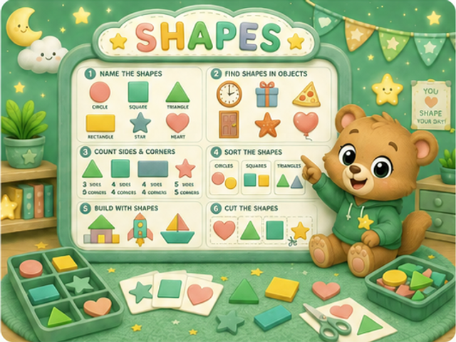 Friendly character with colorful 2D shapes for naming, sorting, and building