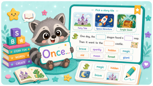 Story Builder character beside a board of story tiles and word cards.