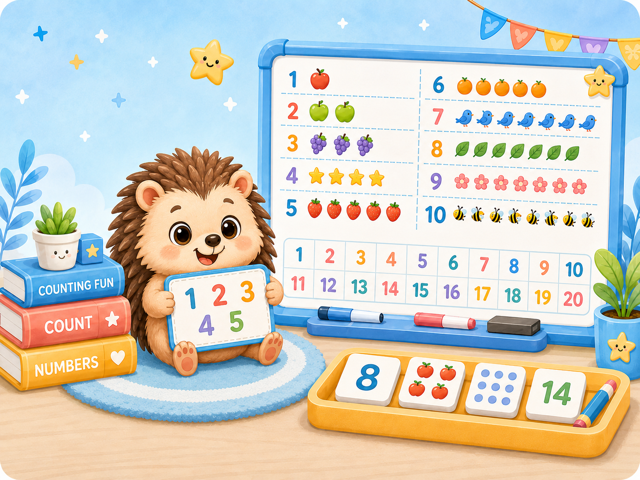 Counting classroom board showing objects and numbers from 1 to 20