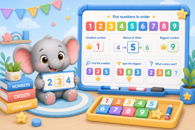 Ordering Numbers classroom scene with number tiles and comparison prompts