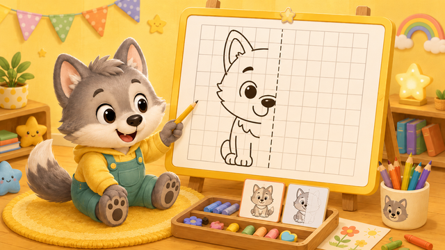 Smiling wolf character holding a pencil beside a mirror drawing board with half a puppy completed on a grid