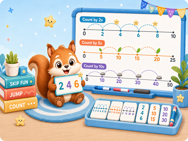 Skip Counting classroom board with number lines for counting by 2s, 5s, and 10s