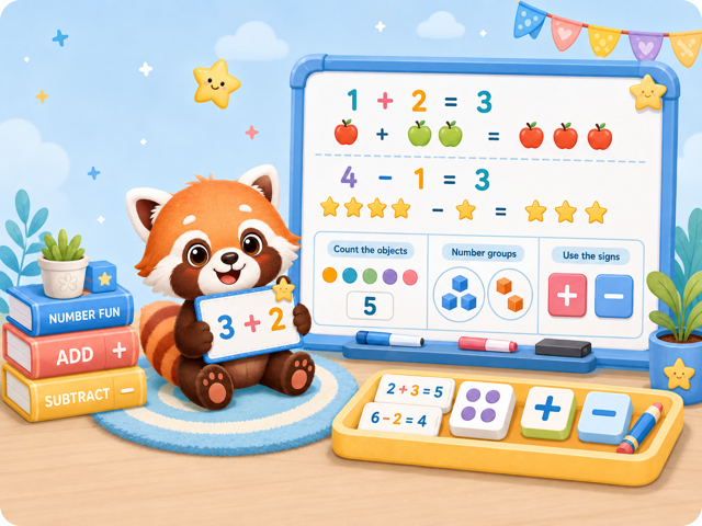 Add and subtract classroom board with a learner holding 3 plus 2