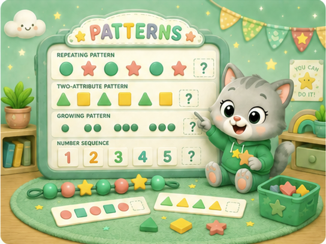 Cheerful kitten pointing to a Patterns board showing repeating, two-attribute, growing, and number sequence patterns