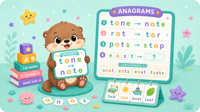Anagrams word game illustration with mixed letters and clue board