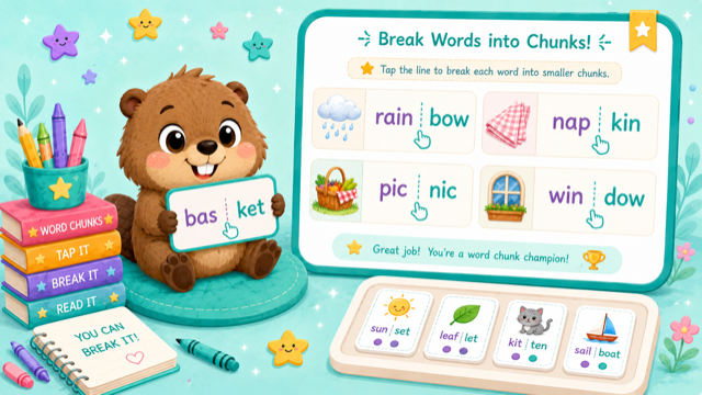 Beaver helper beside colourful word chunk cards and dotted separator lines