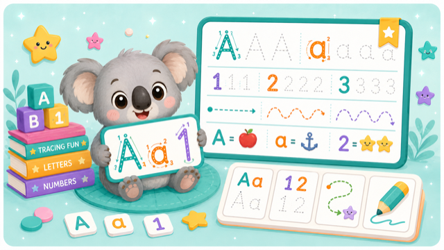 Koala with letter and number tracing practice board